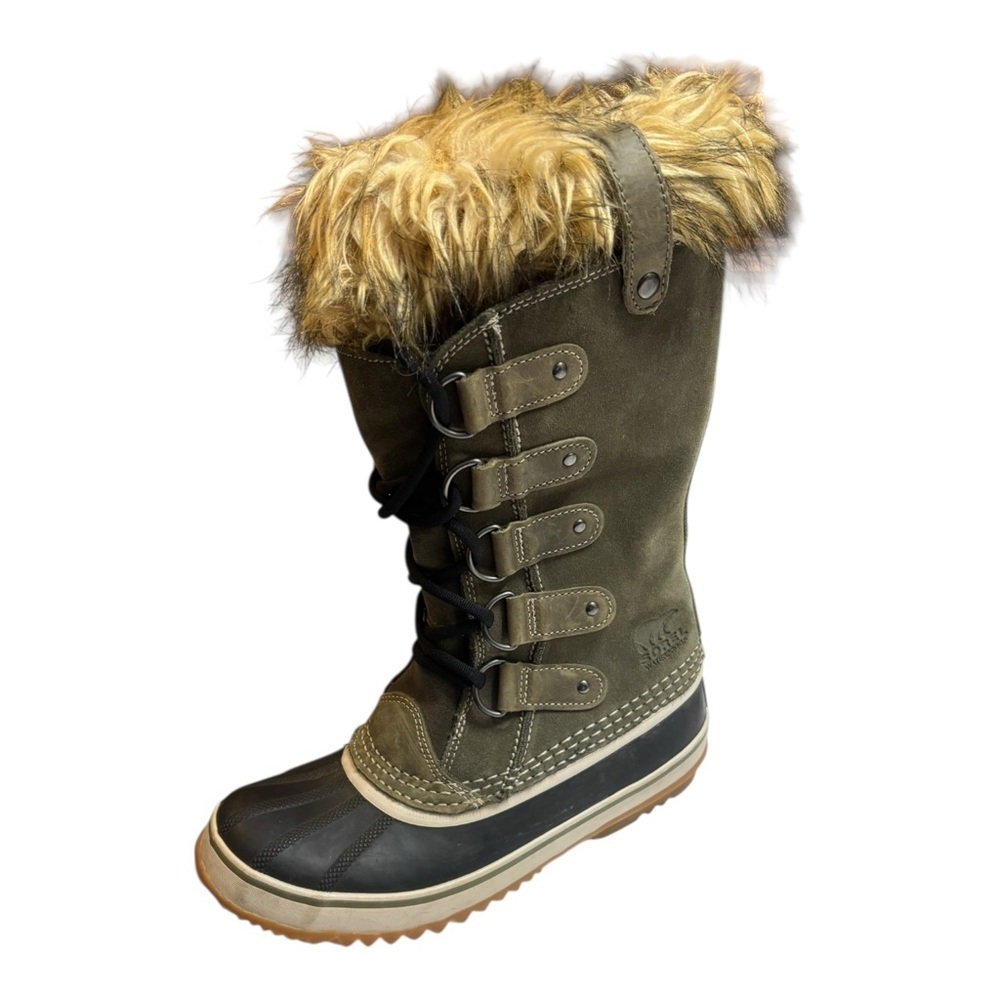 Sorel Joan Of Arctic Faux Fur Snow Boots Size 7 Olive Green Suede Leather